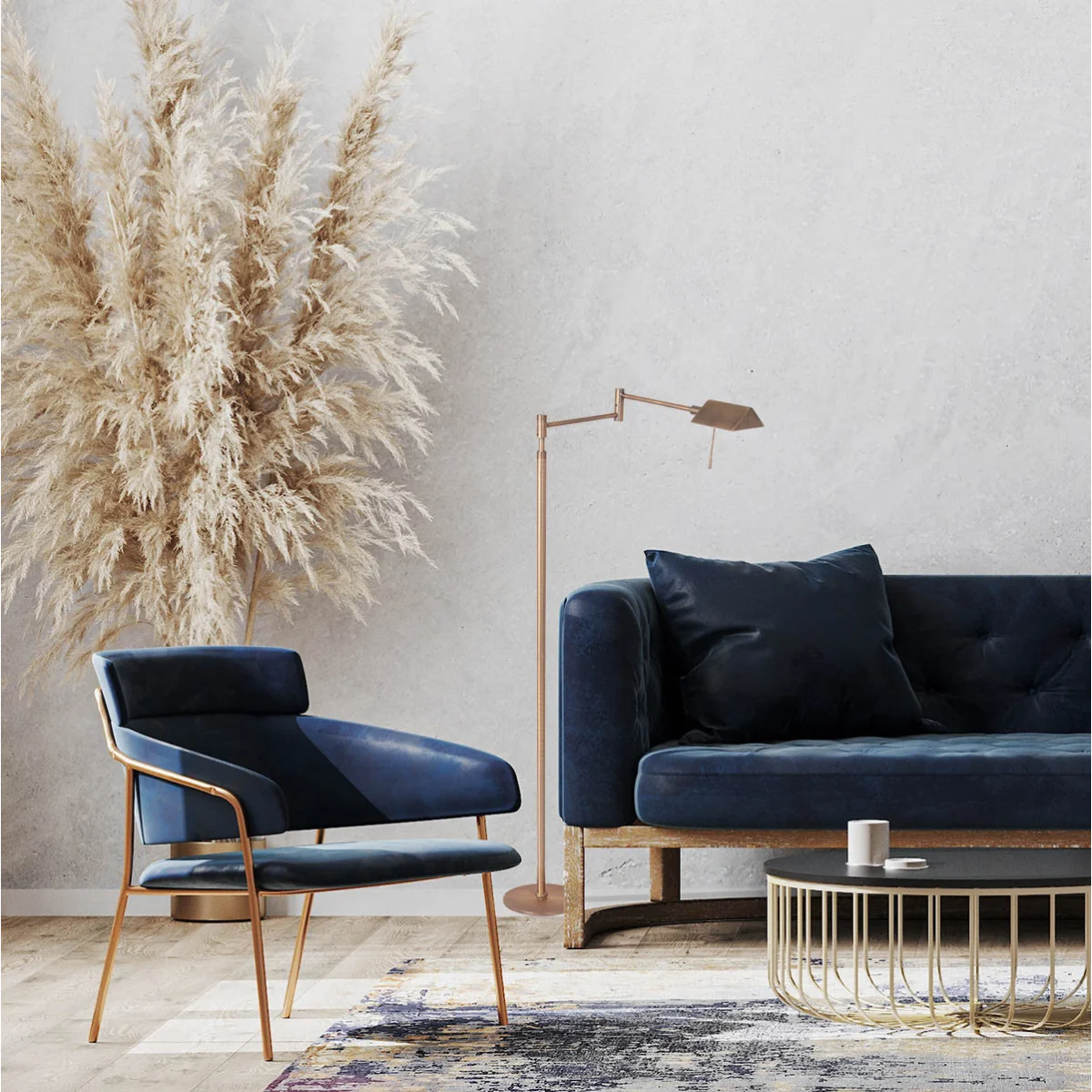 Fauteuil en velours bleu avec jambes en métal doré, parfait pour le Lampadaire liseuse en métal bronze brossé orientable