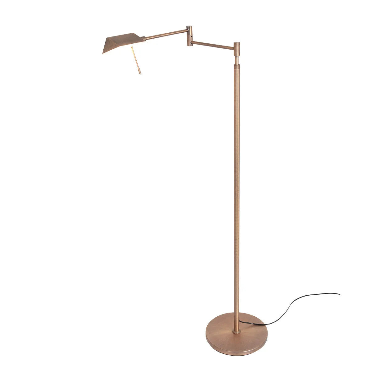 Lampadaire liseuse en métal bronze brossé avec bras articulé et base ronde ajustable