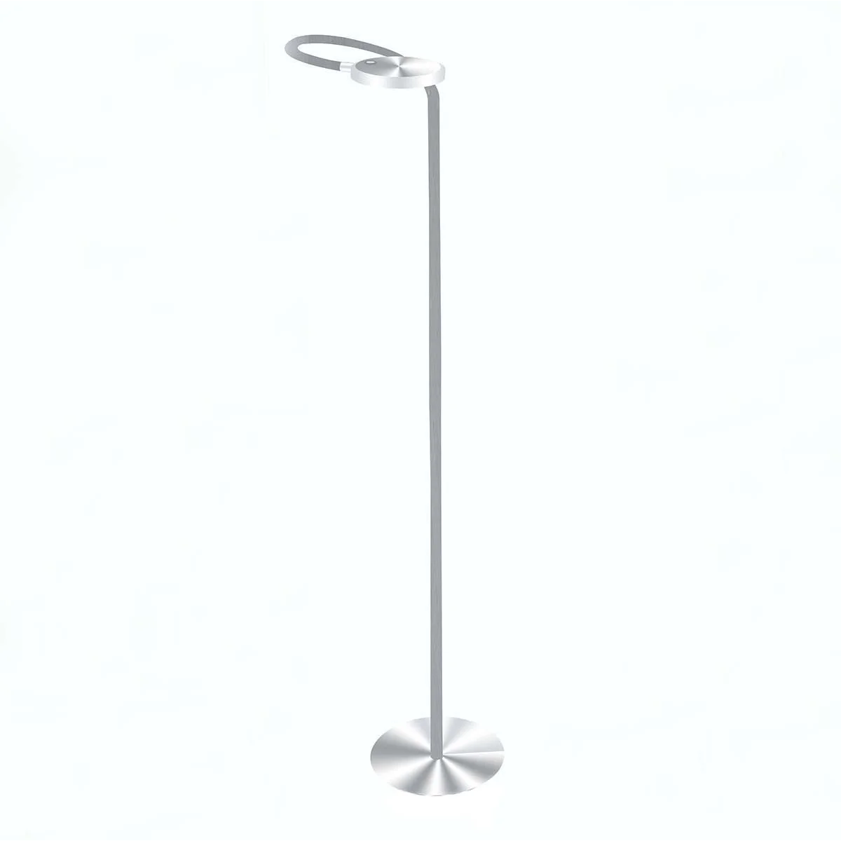 Lampadaire en métal argenté avec tête circulaire et bras orientable, H132 cm