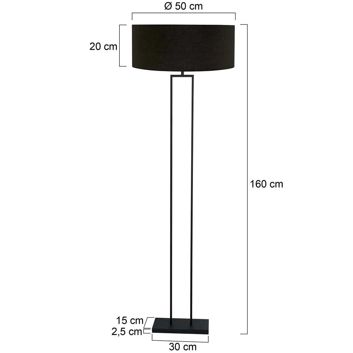 Lampe de sol noire avec abat-jour cylindrique tissu doré et base rectangulaire