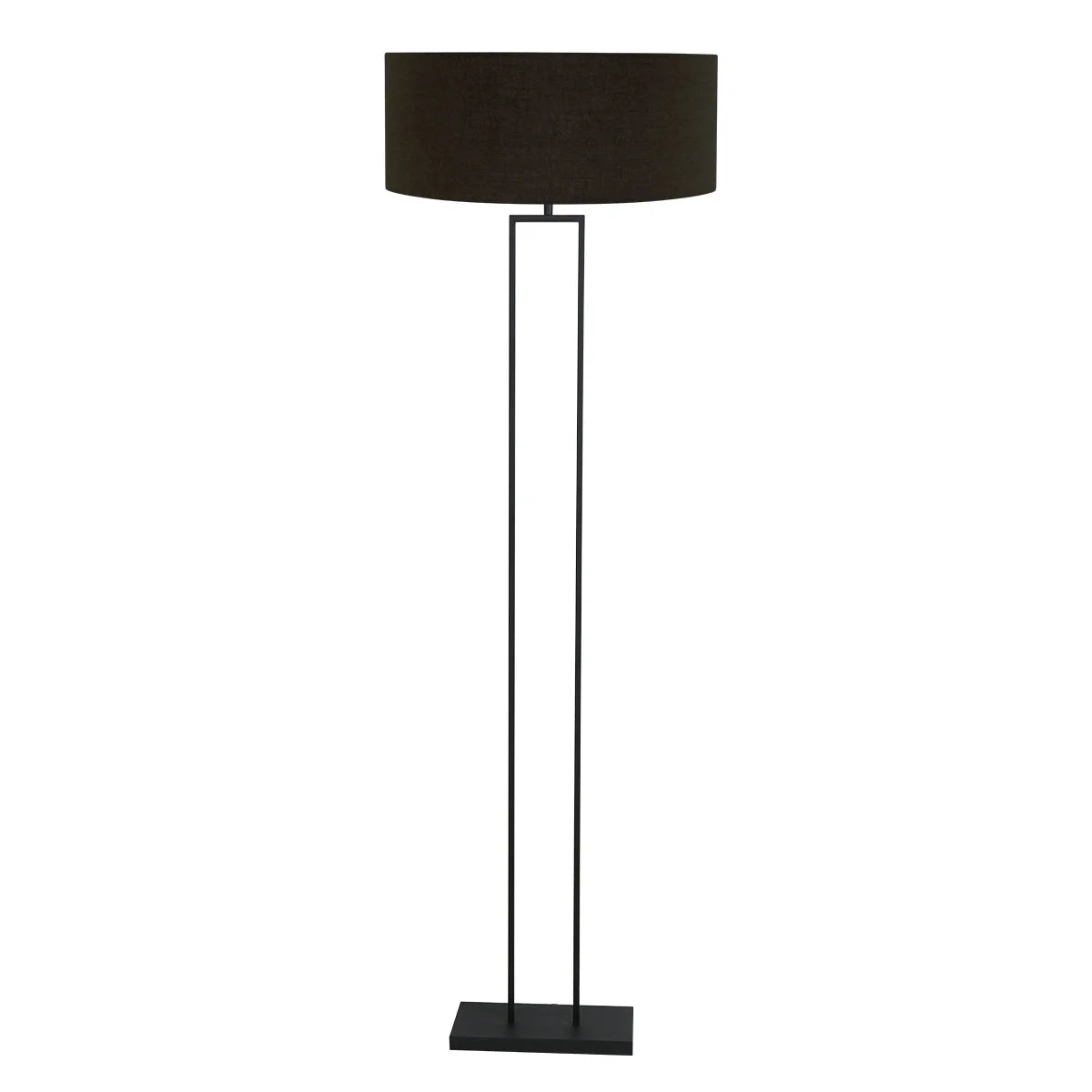 Lampadaire métal noir avec abat-jour tissu cylindrique doré et cadre rectangulaire