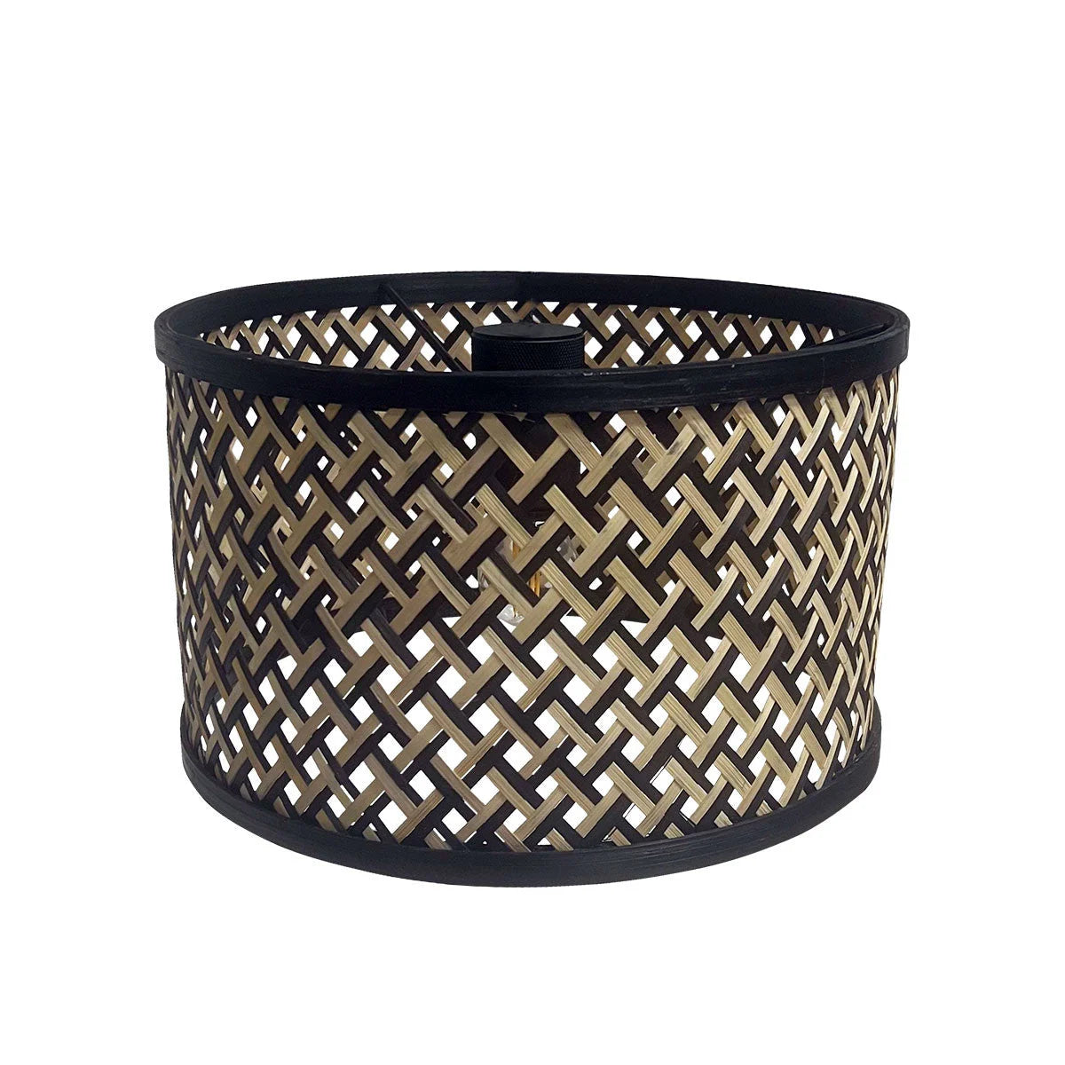 Abat-jour cylindrique en bambou tressé avec bandes noires pour Lampadaire métal noir H160 cm