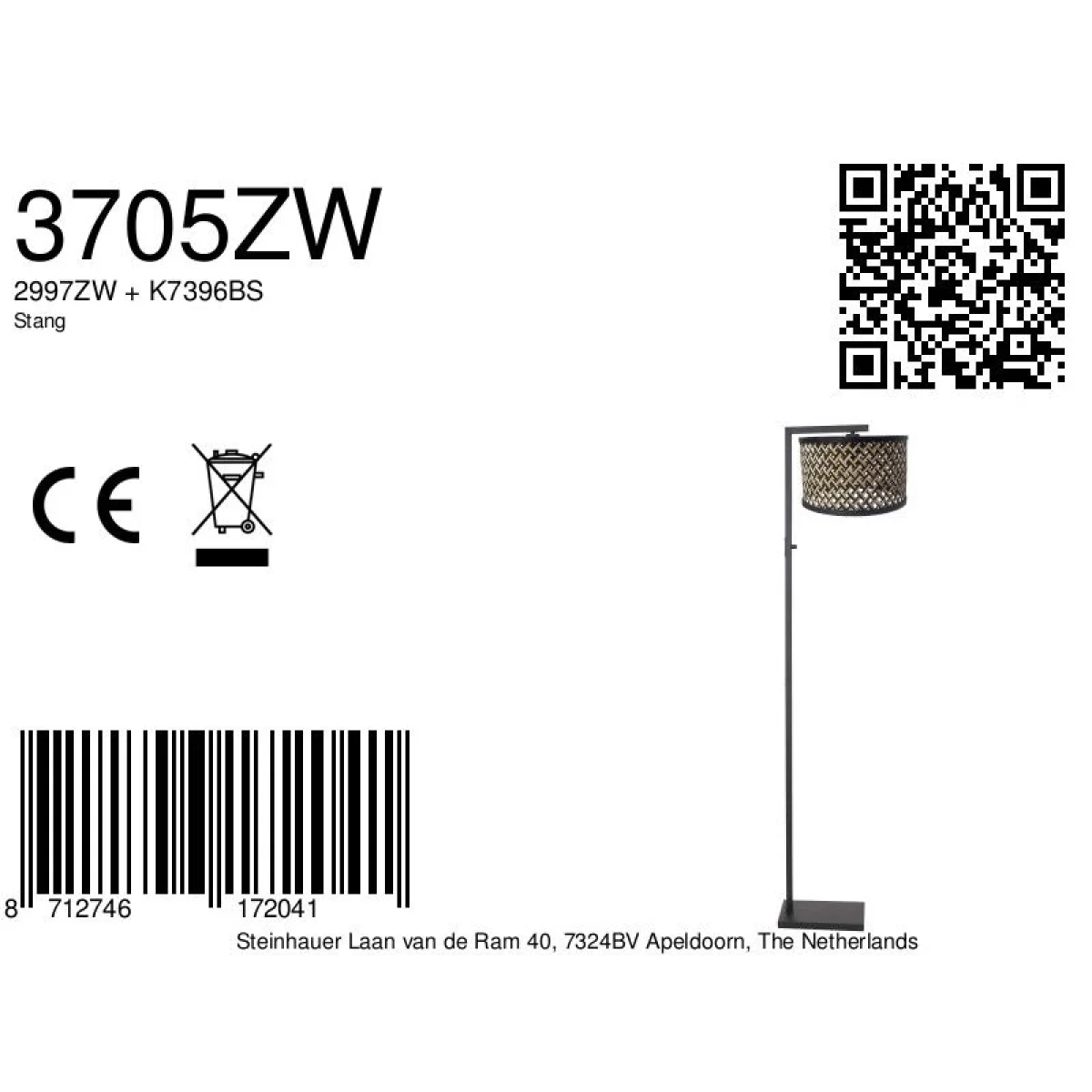 Lampadaire en métal noir avec abat-jour tressé naturel, hauteur 160 cm