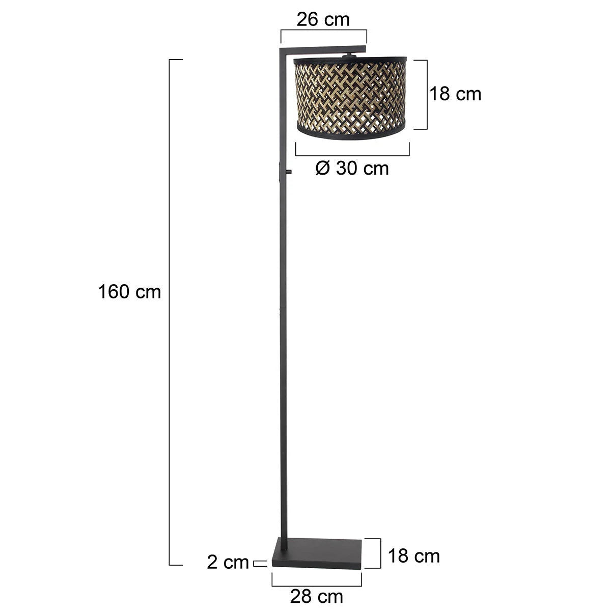 Lampadaire en métal noir avec abat-jour tressé naturel en rotin, hauteur 160 cm