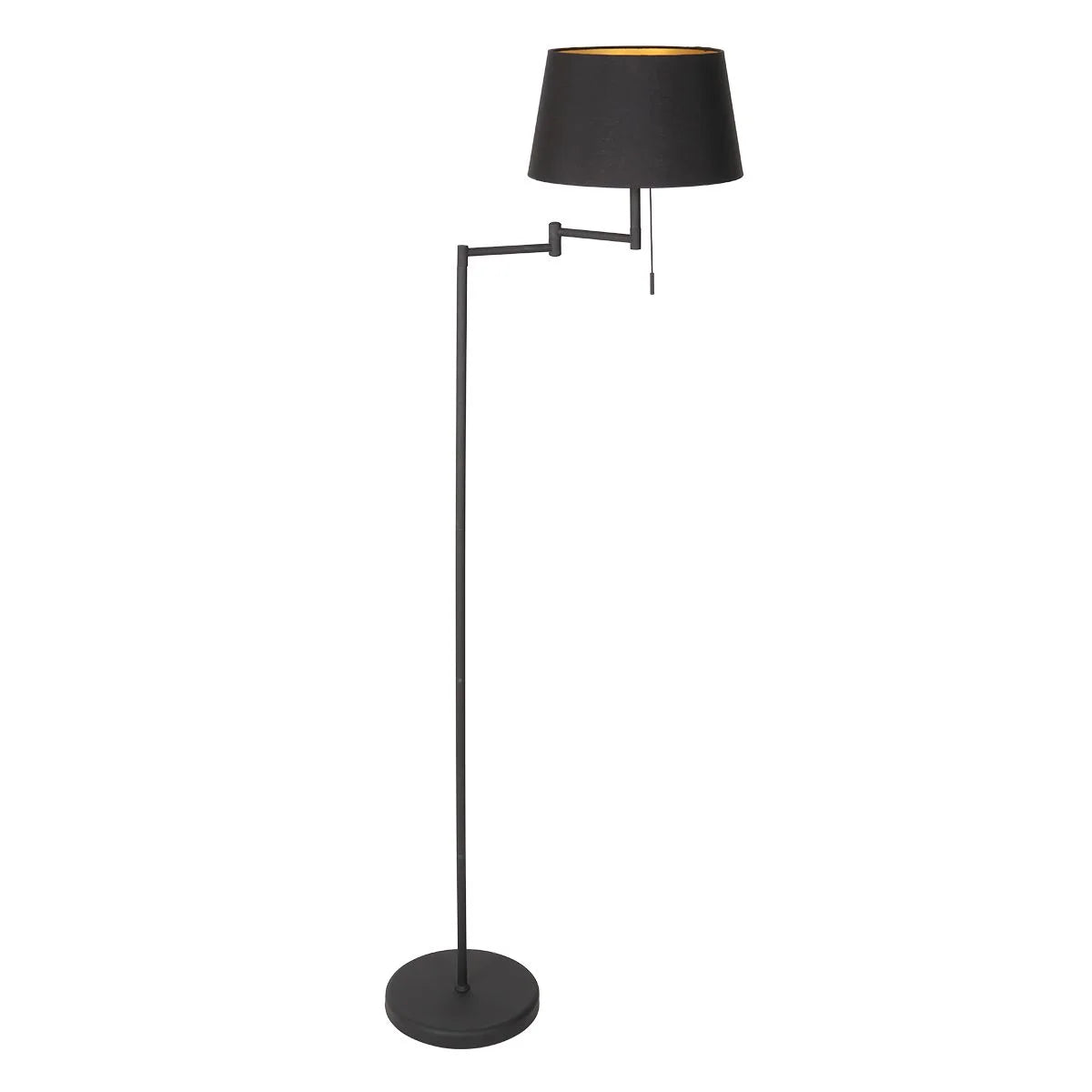 Lampadaire métal noir mat avec abat-jour conique or intérieur, hauteur 154 cm