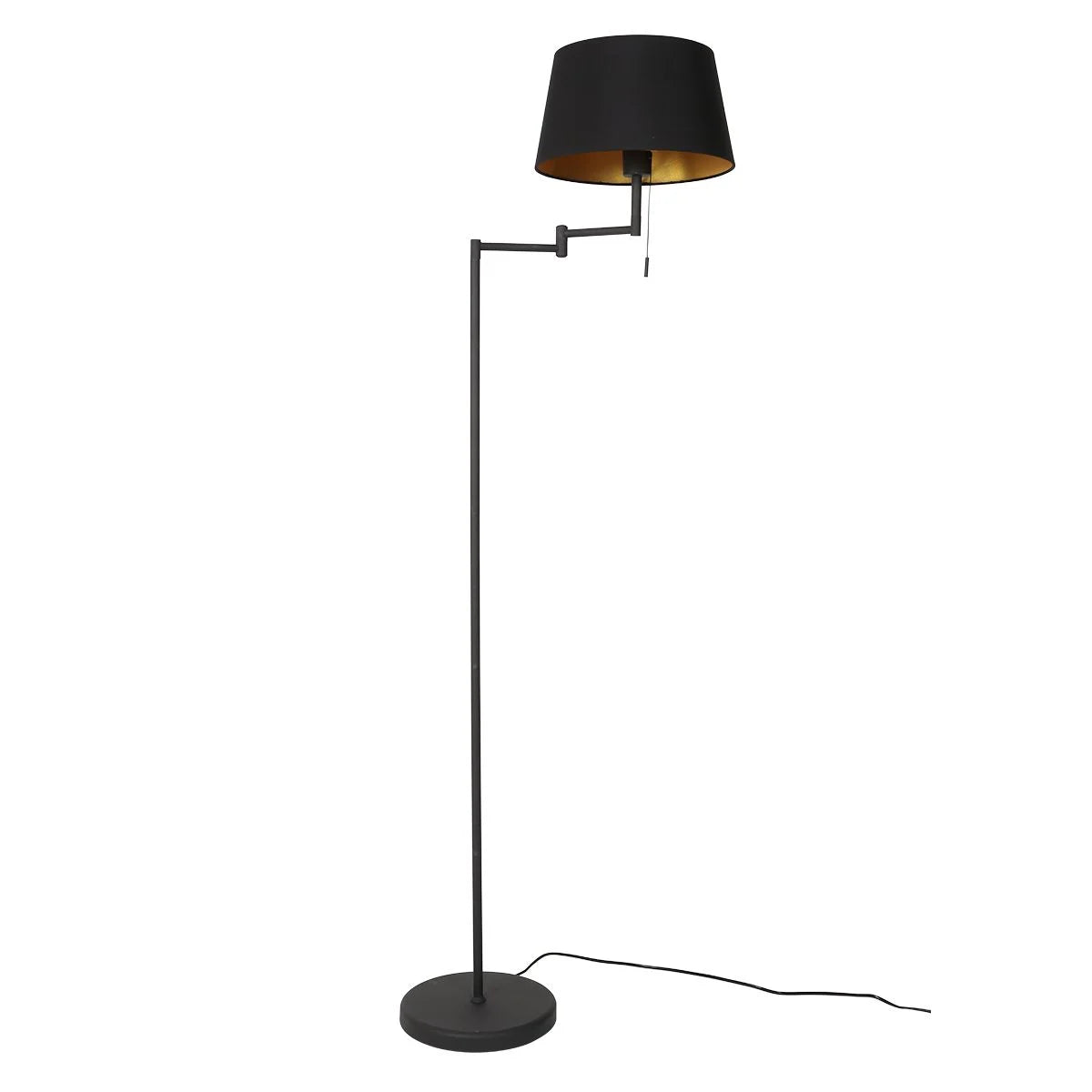 Lampadaire métal noir mat avec abat-jour conique or intérieur, hauteur 154 cm
