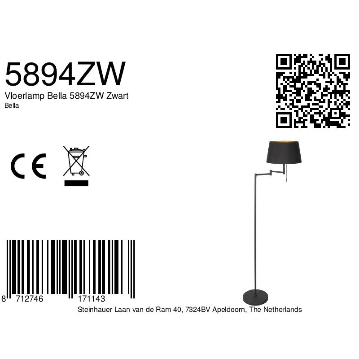 Lampadaire métal noir mat avec abat-jour conique or intérieur, hauteur 154 cm