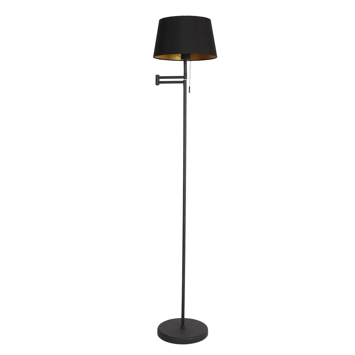 Lampadaire métal noir mat avec abat-jour conique or intérieur et liseuse ajustable