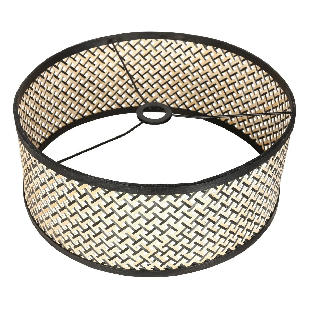 Abat-jour rond en rotin tissé avec finition noire pour Lampadaire en métal noir vieilli