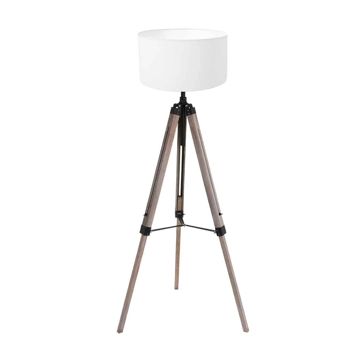 Lampadaire trépied en bois et métal avec abat-jour tambour blanc H170 cm