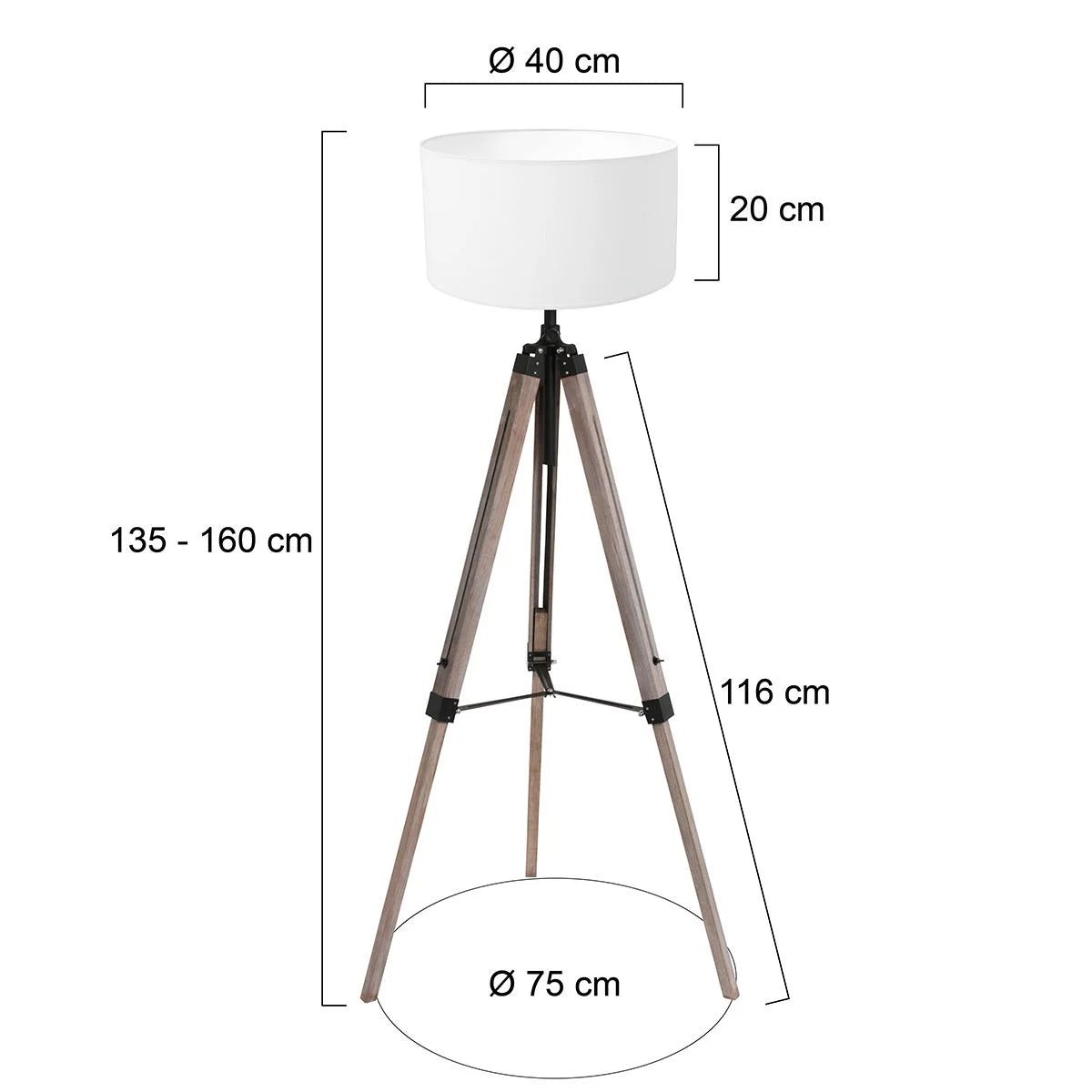Lampadaire trépied en bois et métal avec abat-jour tambour blanc H170 cm