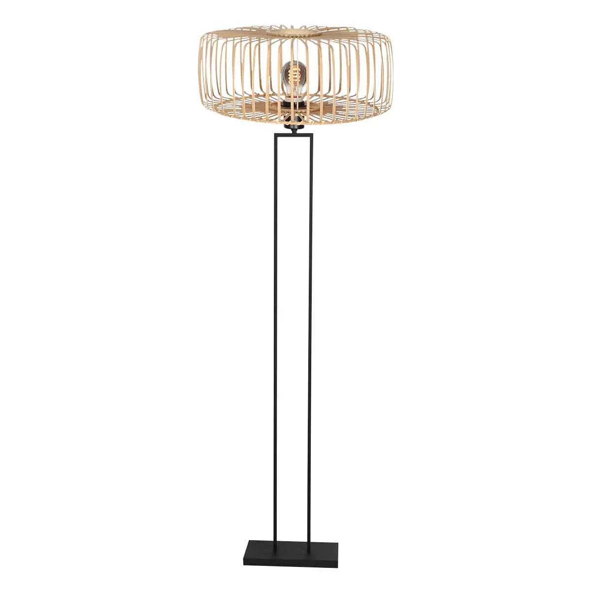 Lampe sur pied en rotin tressé naturel avec ombrage en osier et structure noire