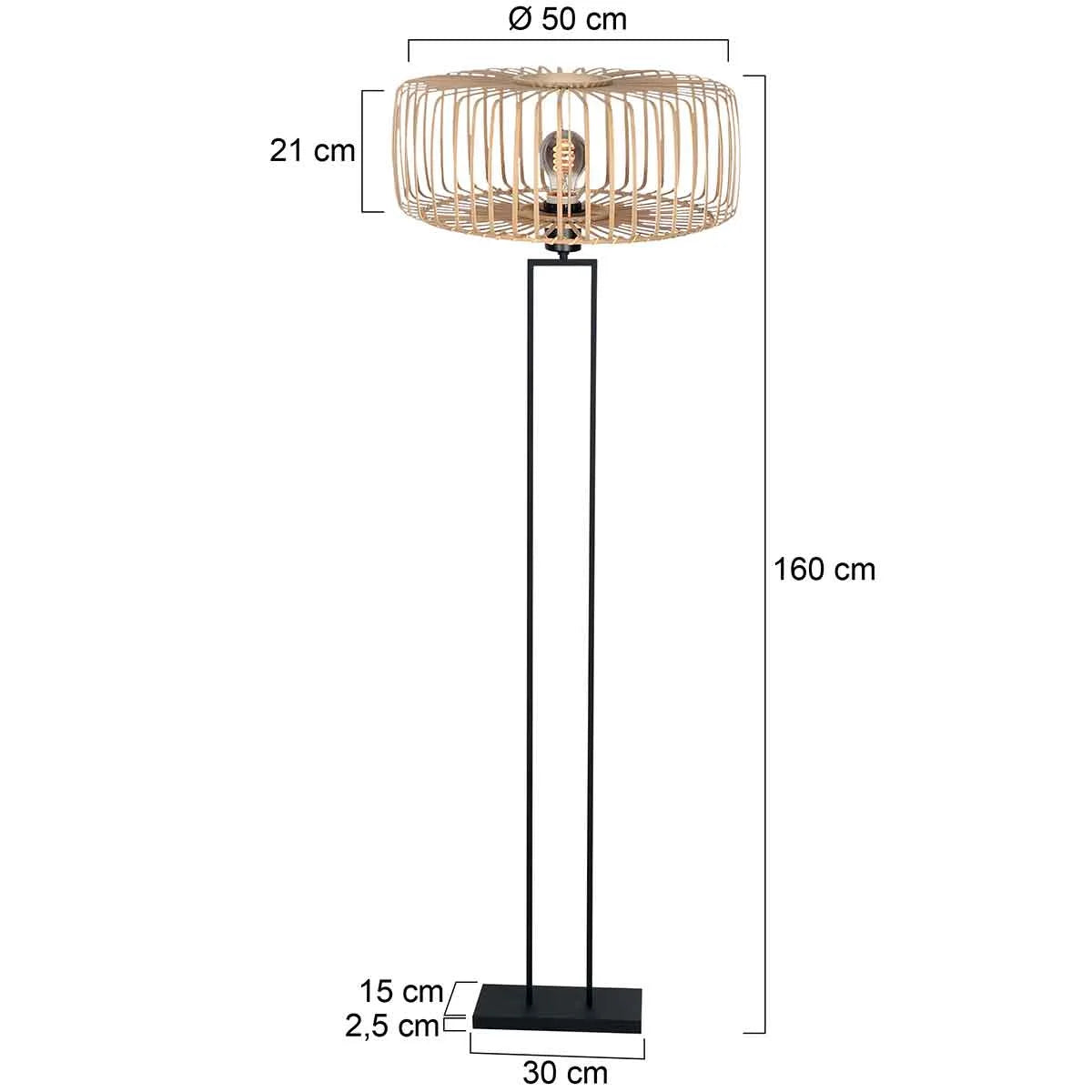 Lampe sur pied avec abat-jour en rotin cylindrique et structure en métal noir