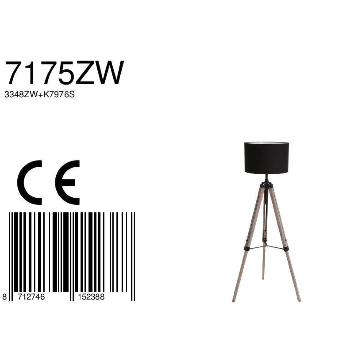 Lampe sur pied trépied en bois avec abat-jour en tissu noir - H165 cm