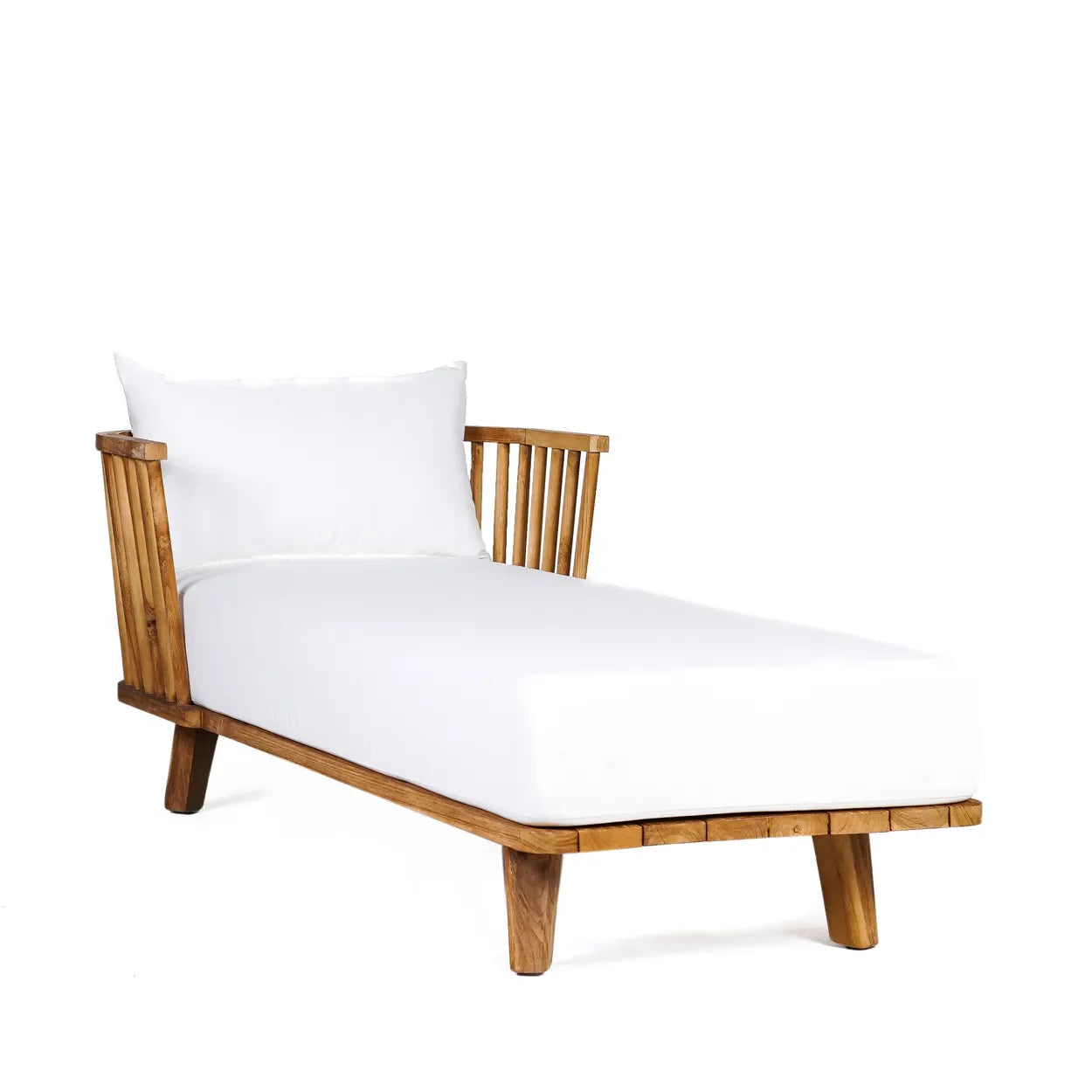 Chaise longue en teck recyclé avec coussin blanc naturel pour patio ou jardin