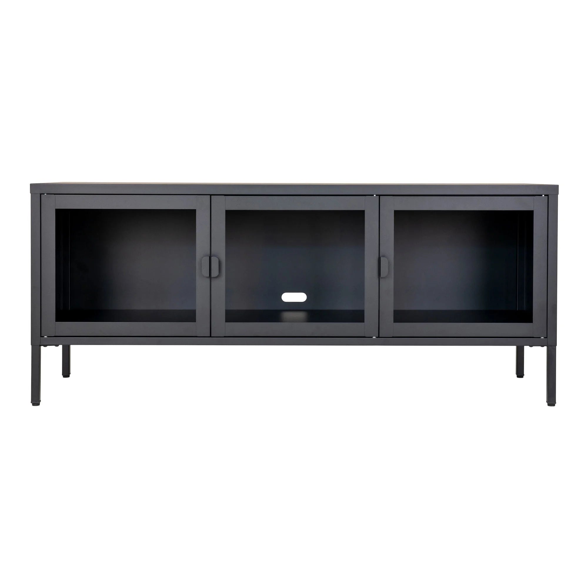 Console média en métal noir avec portes vitrées pour salon de 130x40 cm