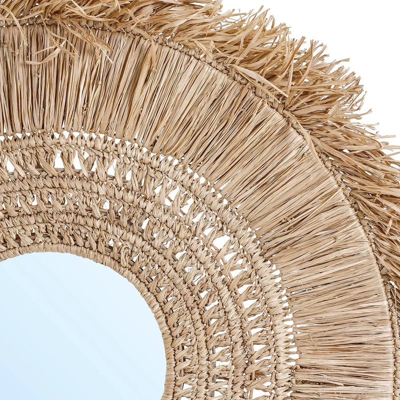 Miroir en raphia naturel rond 70 cm avec franges artisanales