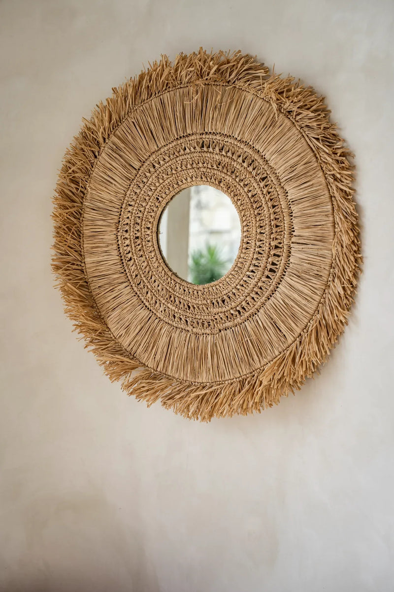 Miroir en raphia naturel rond 70 cm avec franges artisanales