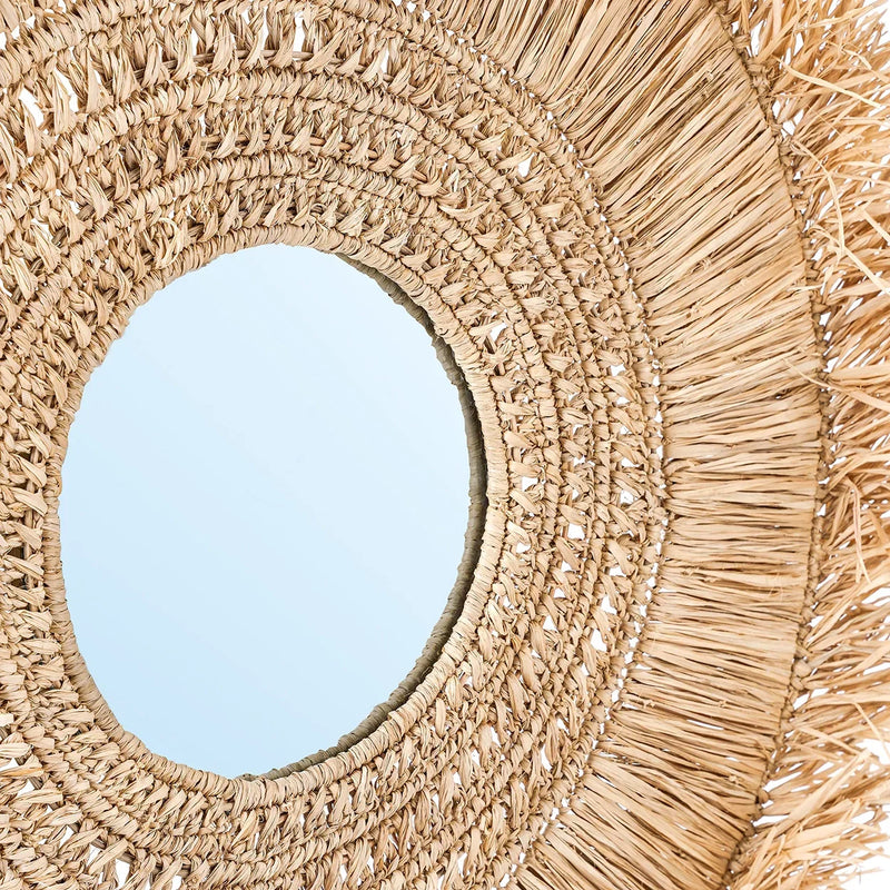 Miroir en raphia naturel rond 70 cm avec franges artisanales