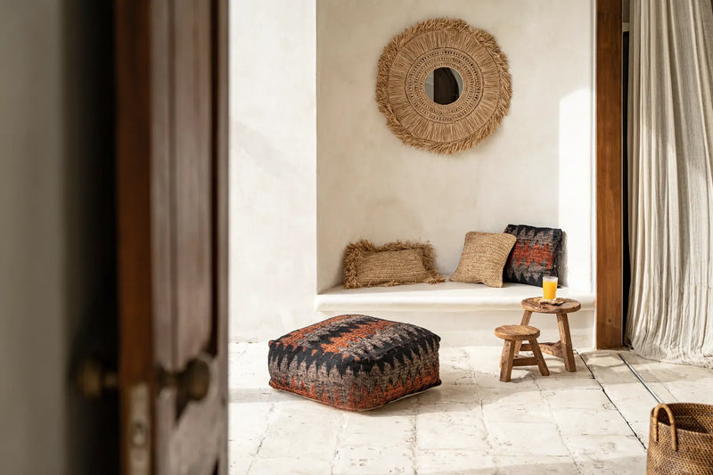 Miroir en raphia naturel rond 70 cm avec franges artisanales
