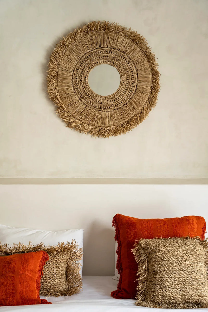 Miroir en raphia naturel rond 70 cm avec franges artisanales