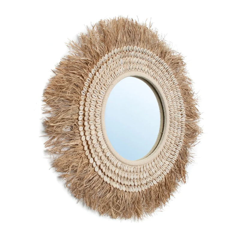 Miroir rond 75 cm en raphia et coquillages naturel blanc