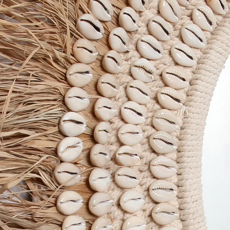 Miroir rond 75 cm en raphia et coquillages naturel blanc