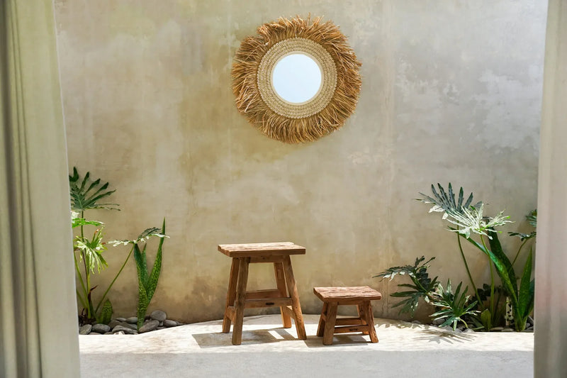Miroir rond 75 cm en raphia et coquillages naturel blanc