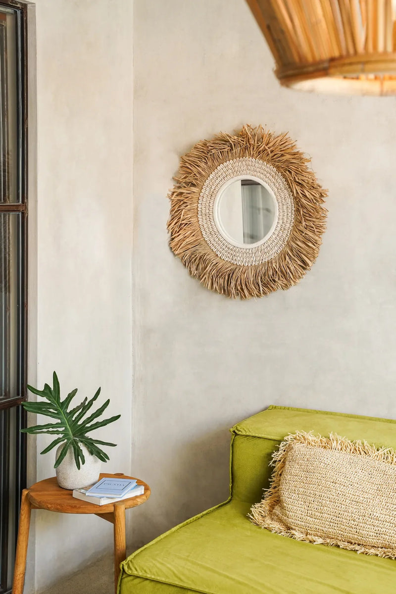 Miroir rond 75 cm en raphia et coquillages naturel blanc