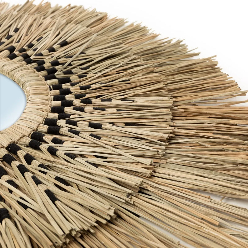 Miroir rond en herbe et coton noir 70 cm artisanat