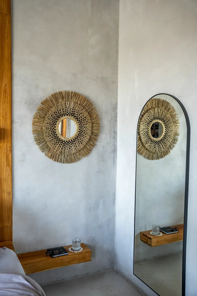 Miroir rond en herbe et coton noir 70 cm artisanat