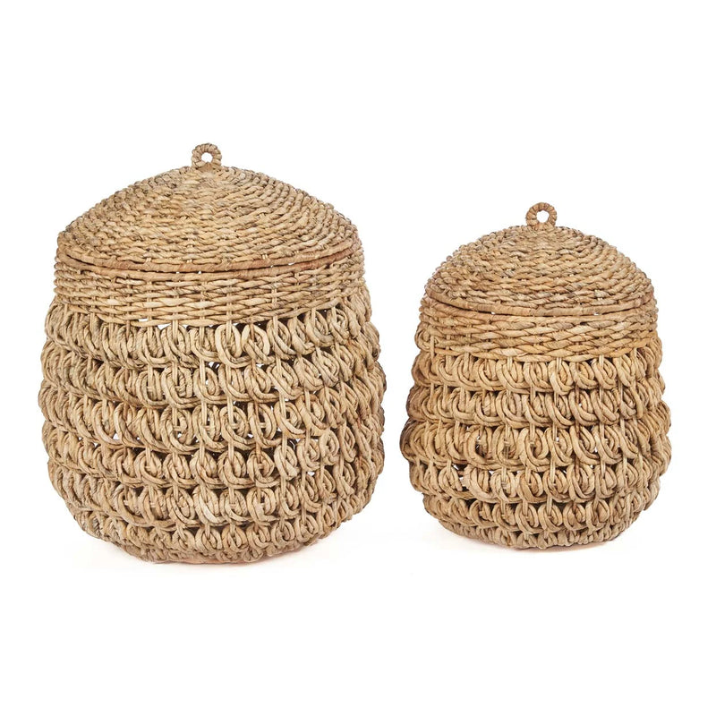 Deux paniers de rangement en feuilles de bananier naturels avec couvercles