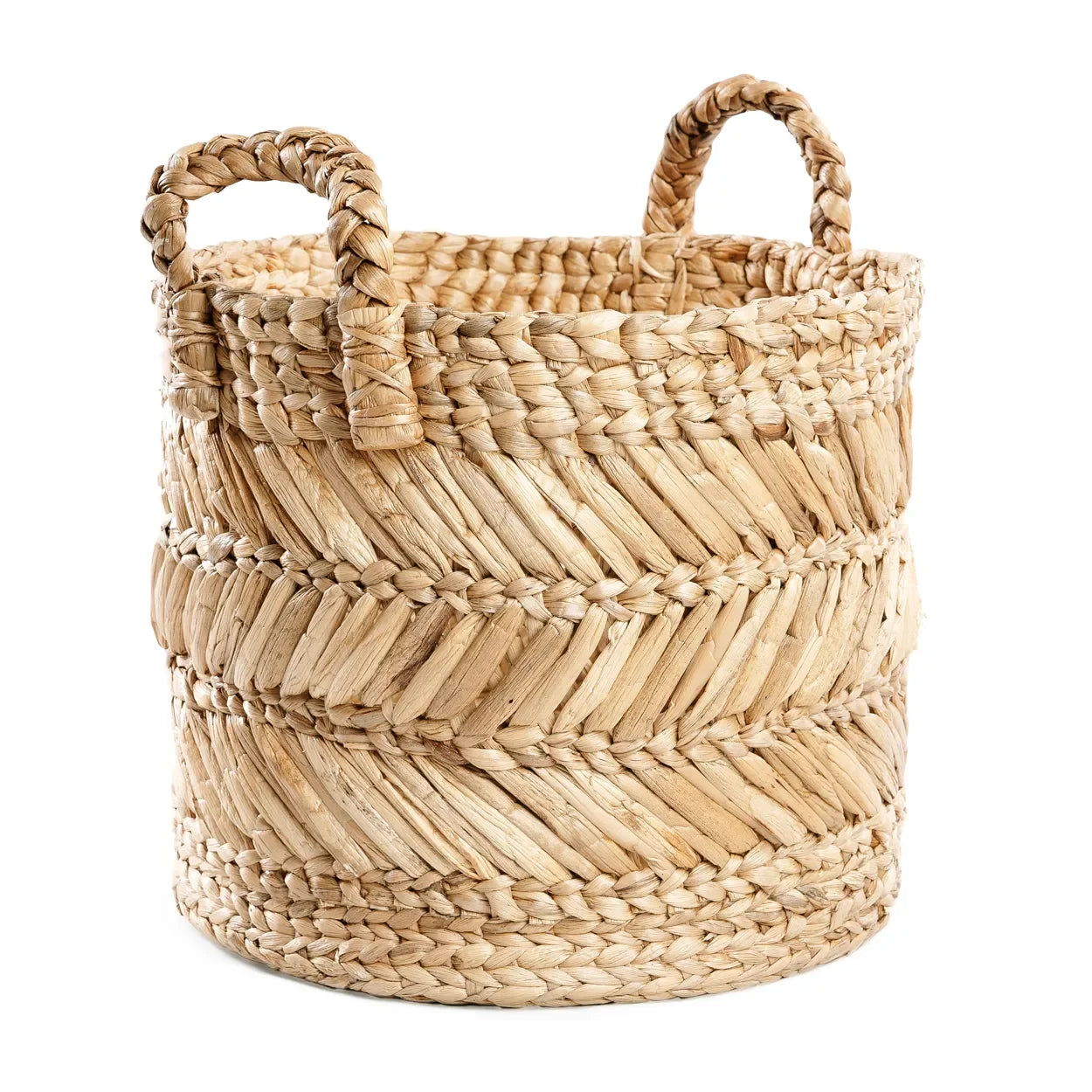 Panier en feuilles de bananier motif chevron avec poignées tressées de diamètre 40 cm