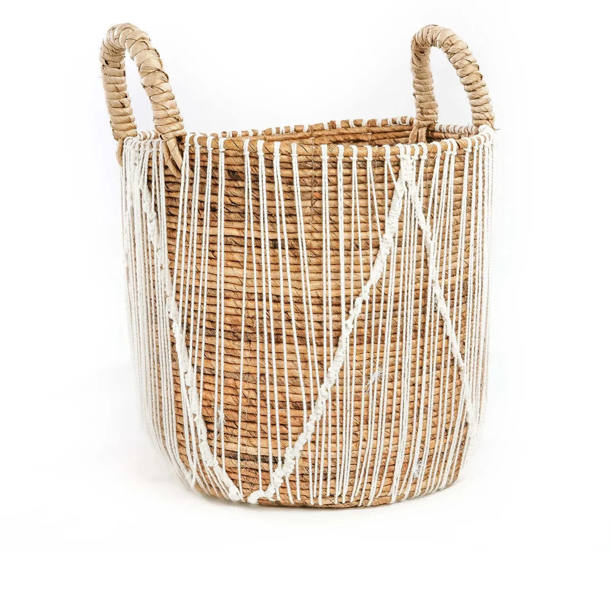 Panier en seagrass tressé naturel avec lacets blancs et anses – Ø40 cm