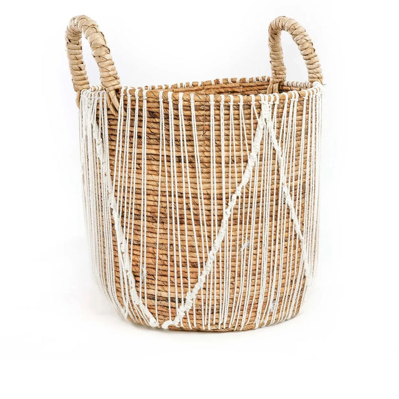 Panier en seagrass tressé naturel avec lacets blancs et anses – Ø40 cm