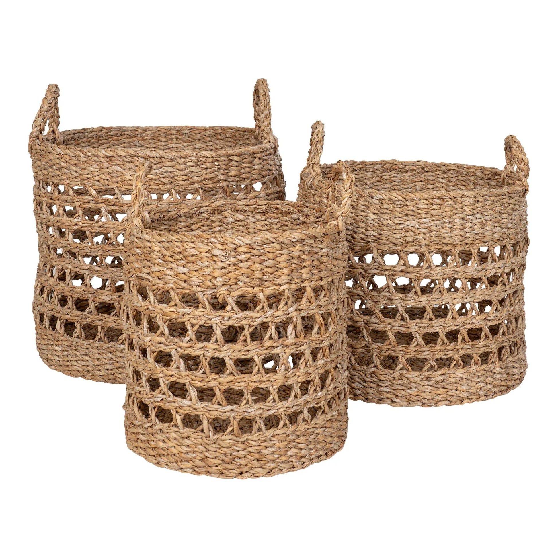 Trois paniers de rangement en jonc de mer naturel avec poignées