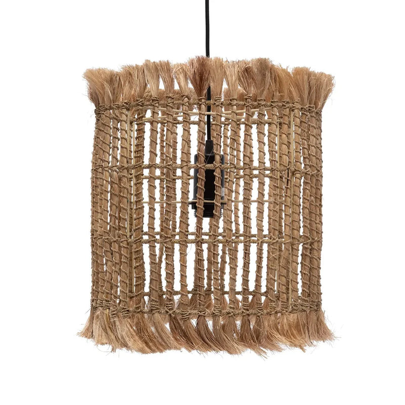 Suspension cylindrique en abaca avec frange pour une décoration naturelle et moderne