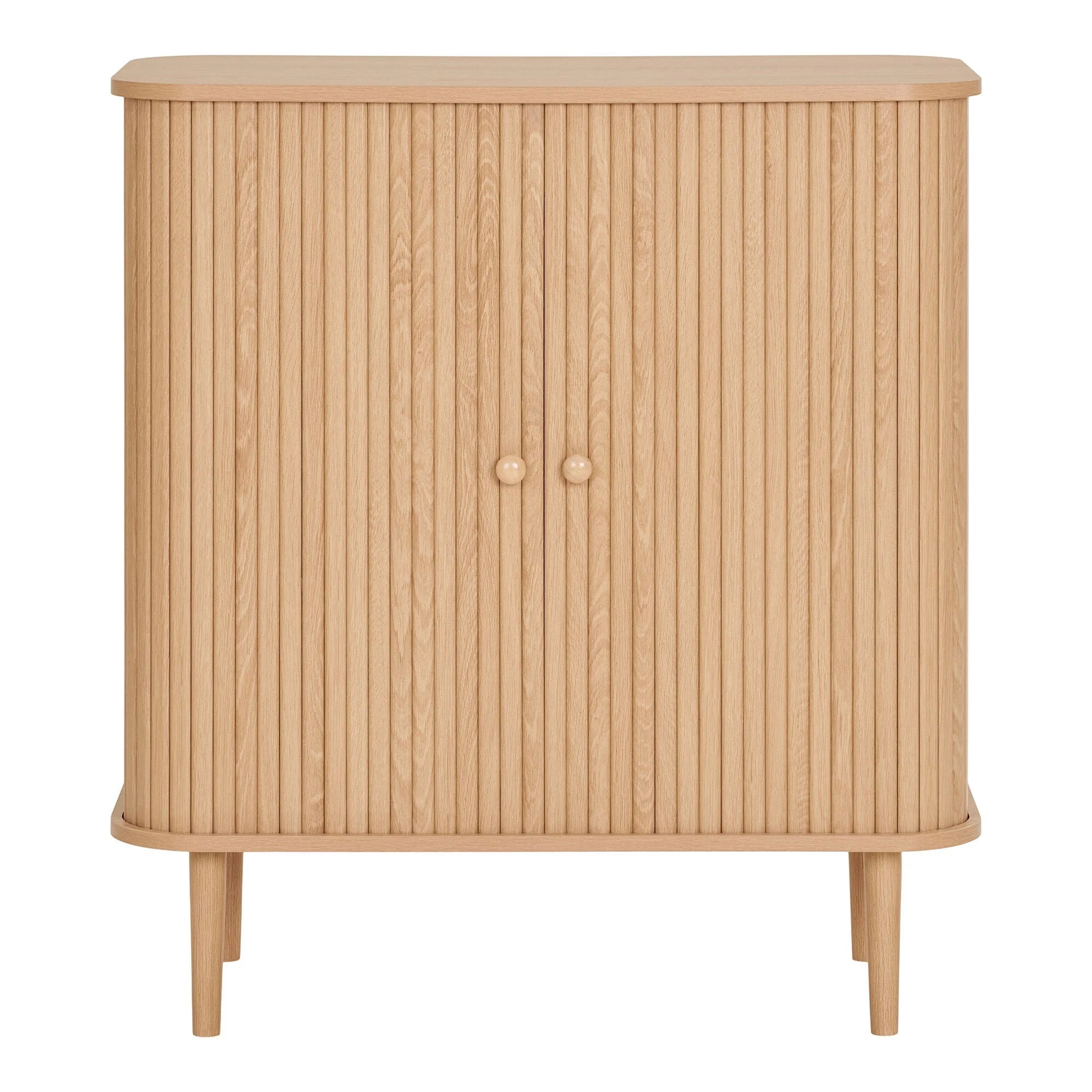 Buffet bas en bois naturel clair avec portes coulissantes striées et bords arrondis