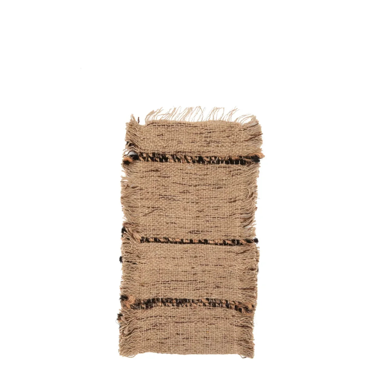 Échantillon de tissu en jute brun à rayures foncées avec franges pour Porte-couverts en coton beige et noir