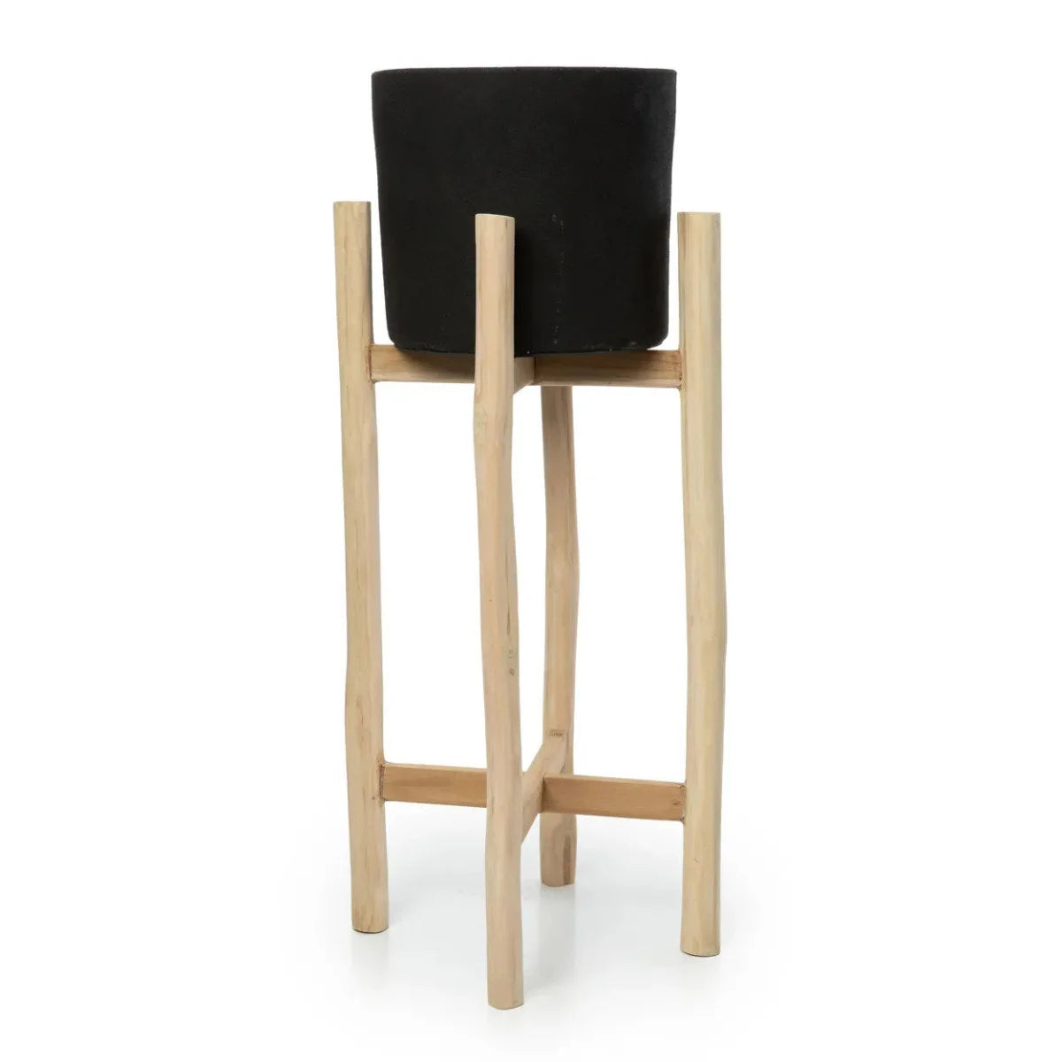 Vase noir en terre cuite dans support en bois naturel, hauteur 68 cm