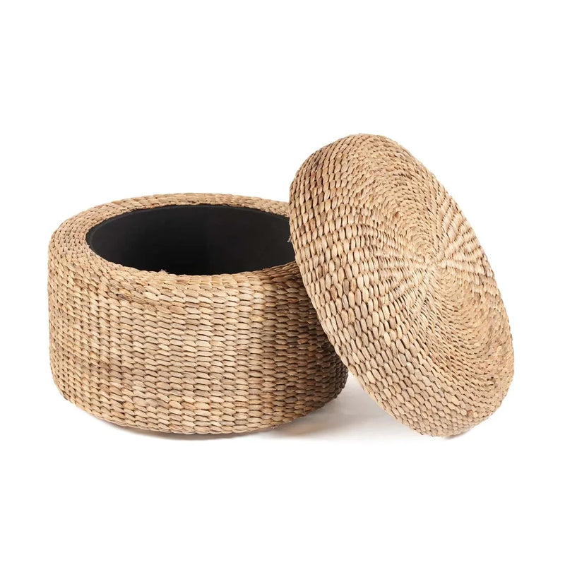 Pouf rond en jacinthe d’eau avec rangement et couvercle amovible 60x45 cm