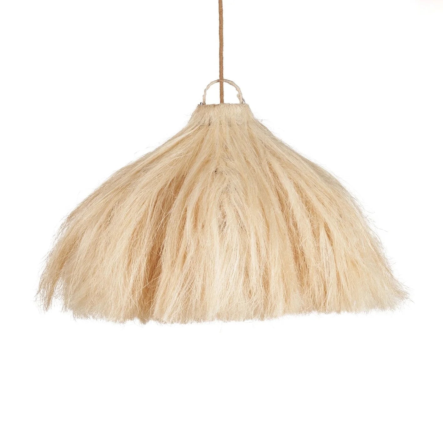 Suspension cloche en fibres naturelles frangées couleur paille avec abat-jour conique
