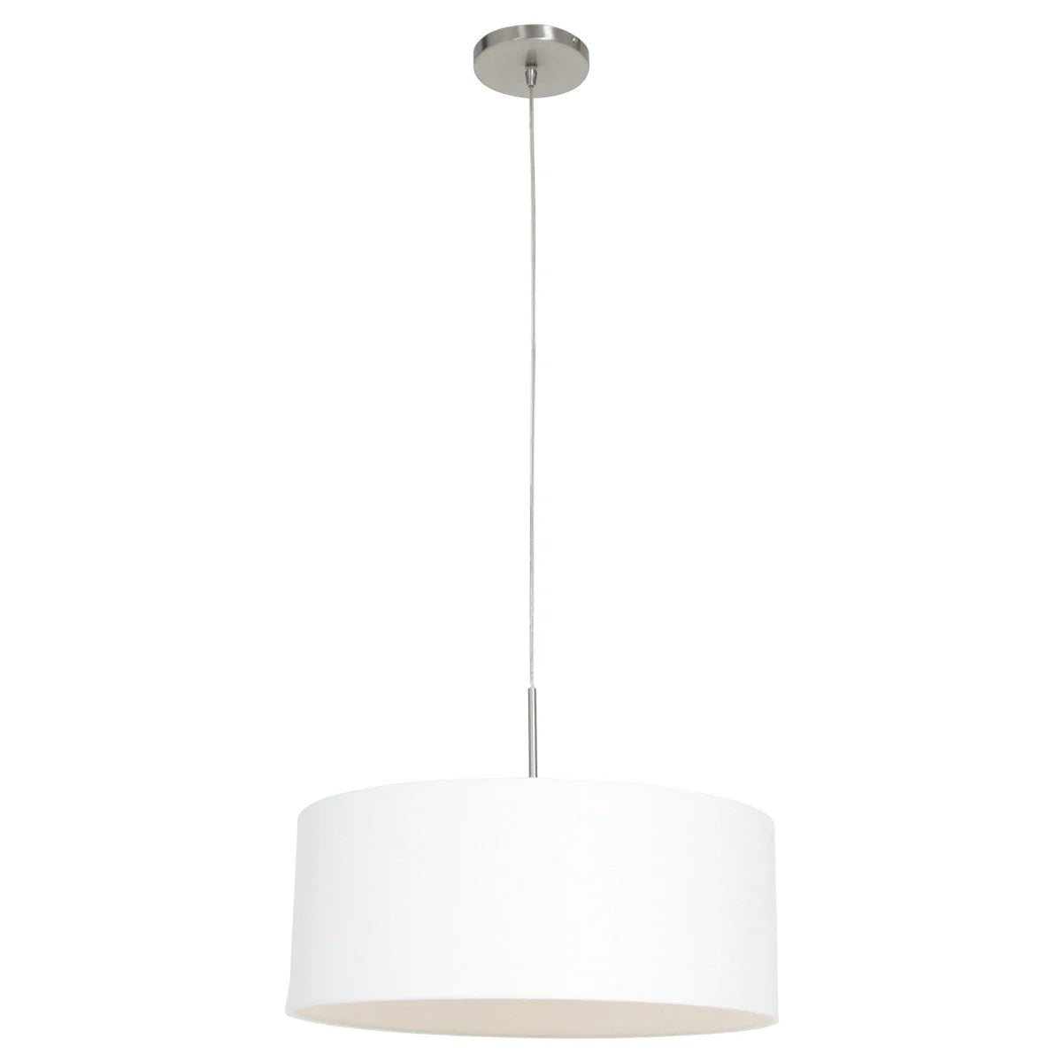Suspension cylindre tissu blanc et métal brossé avec plafonnier en nickel brossé