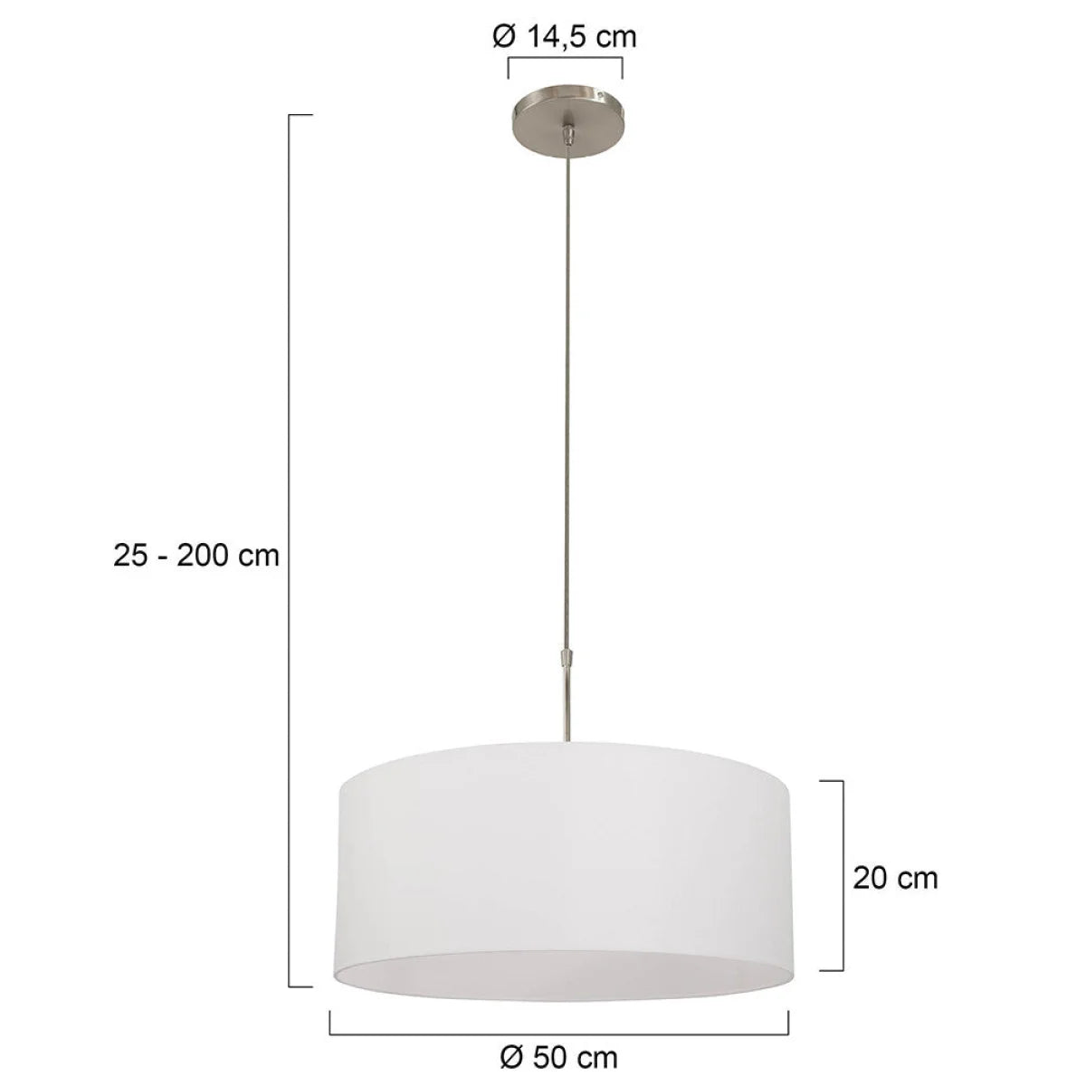Suspension cylindre tissu blanc et métal brossé avec abat-jour en drum blanc ajustable