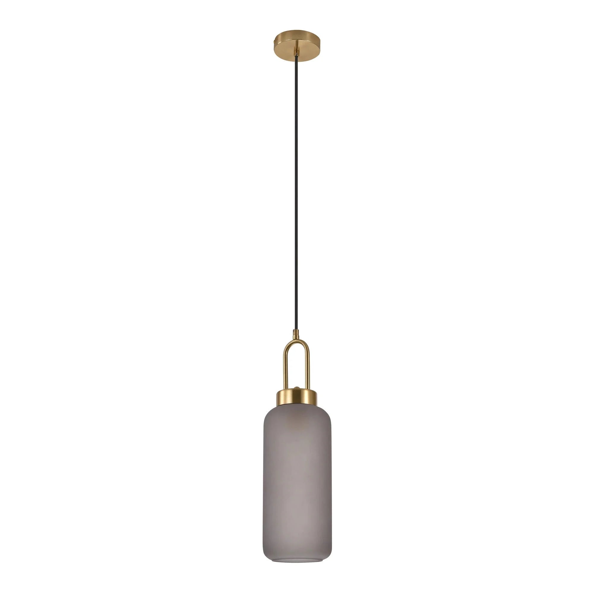 Lustre cylindrique suspendu en verre fumé mat et laiton doré, diamètre 13 cm
