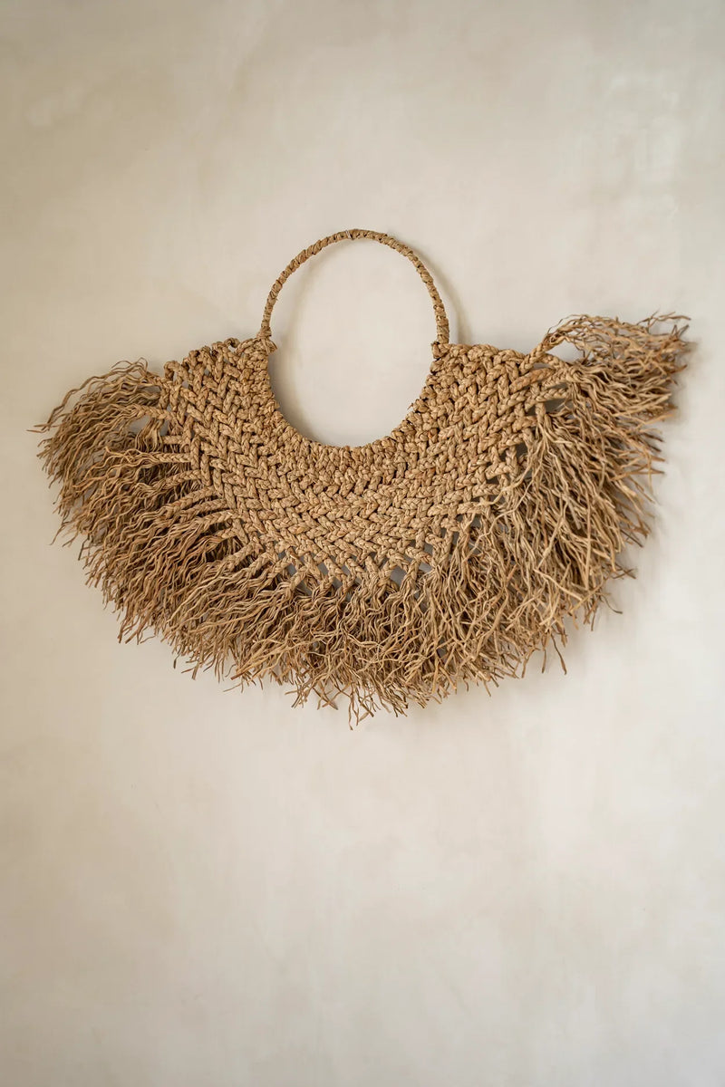 Sac en paille tissée avec franges, modèle Suspension en jacinthe d’eau naturelle 90x55 cm