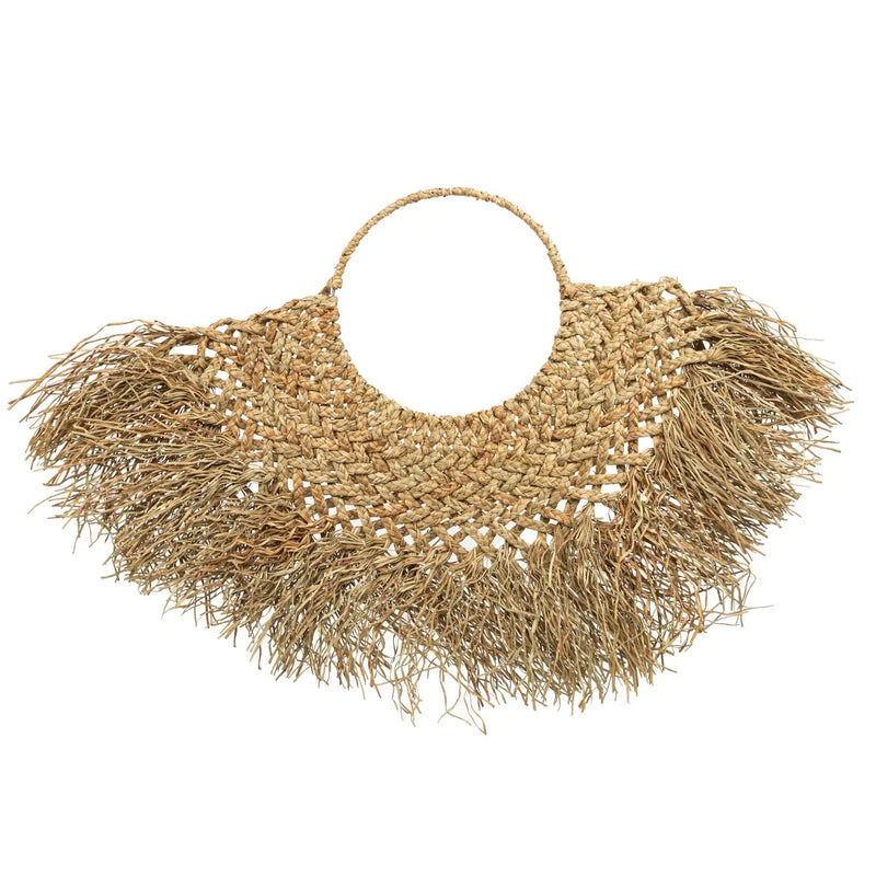 Sac à franges en paille tissée naturel suspension en jacinthe d’eau 90x55 cm