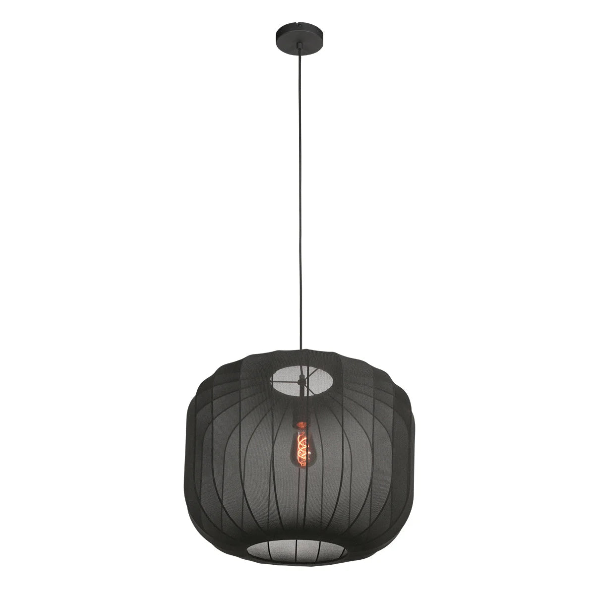Suspension en lin noir avec ampoule visible, pendentif en maille noire Ø55 cm