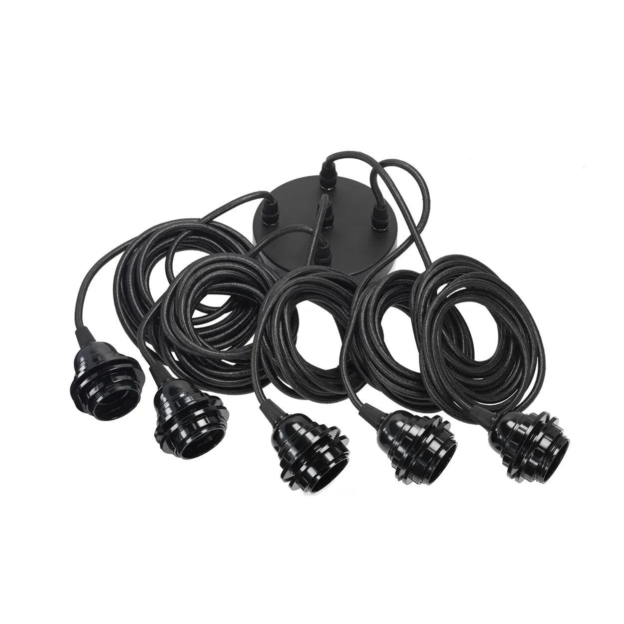 Suspension luminaire noire à 5 douilles avec câbles gainés et ampoules exposées