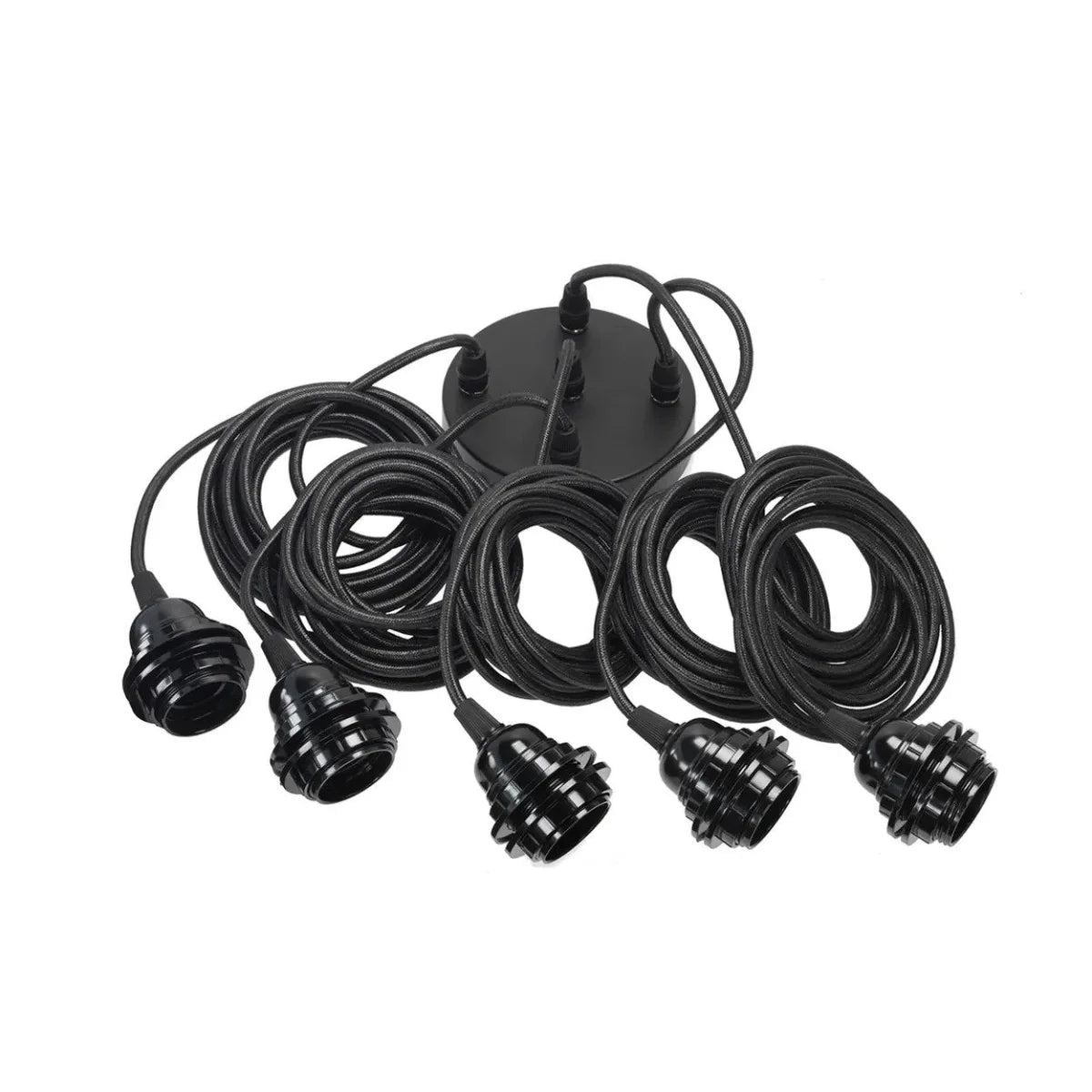 Suspension luminaire noire à 5 douilles avec câbles gainés et coiled cords